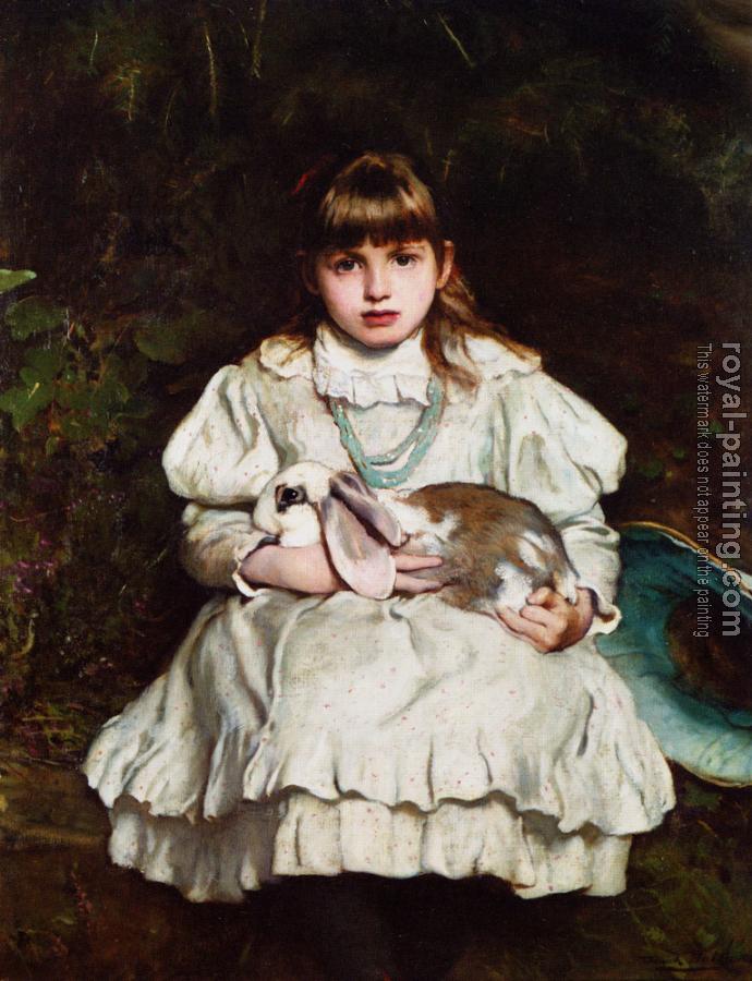 Frank Holl : Portrait of a Young Girl Holding a Pet Rabbit